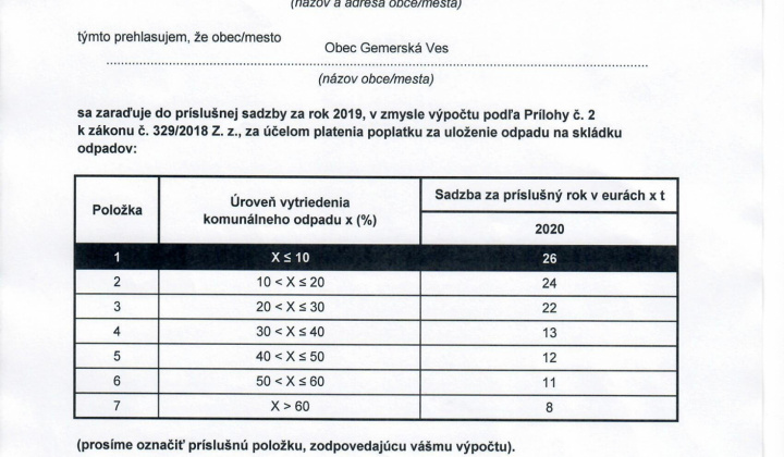 Úradná tabuľa / Výpočet miery separácie za rok 2019 - foto