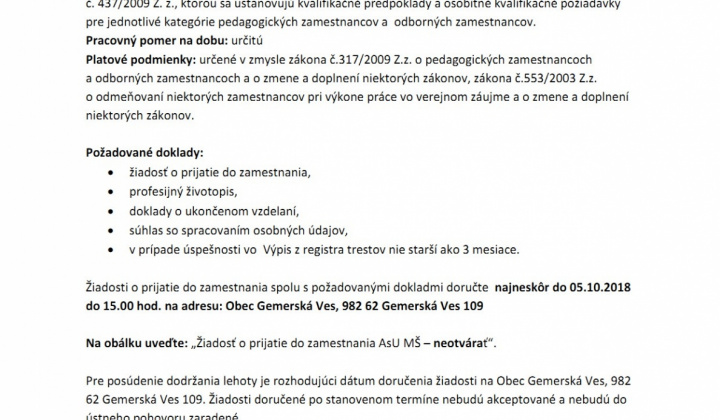Aktuality / Oznámenie o voľných prac. miestach