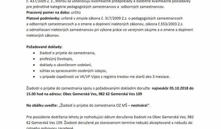 Aktuality / Oznámenie o voľných prac. miestach